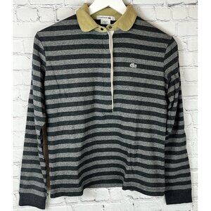 LACOSTE Polo Shirt Women’s Size EU 36 US 4/XS Gray Striped Long Sleeve Classic